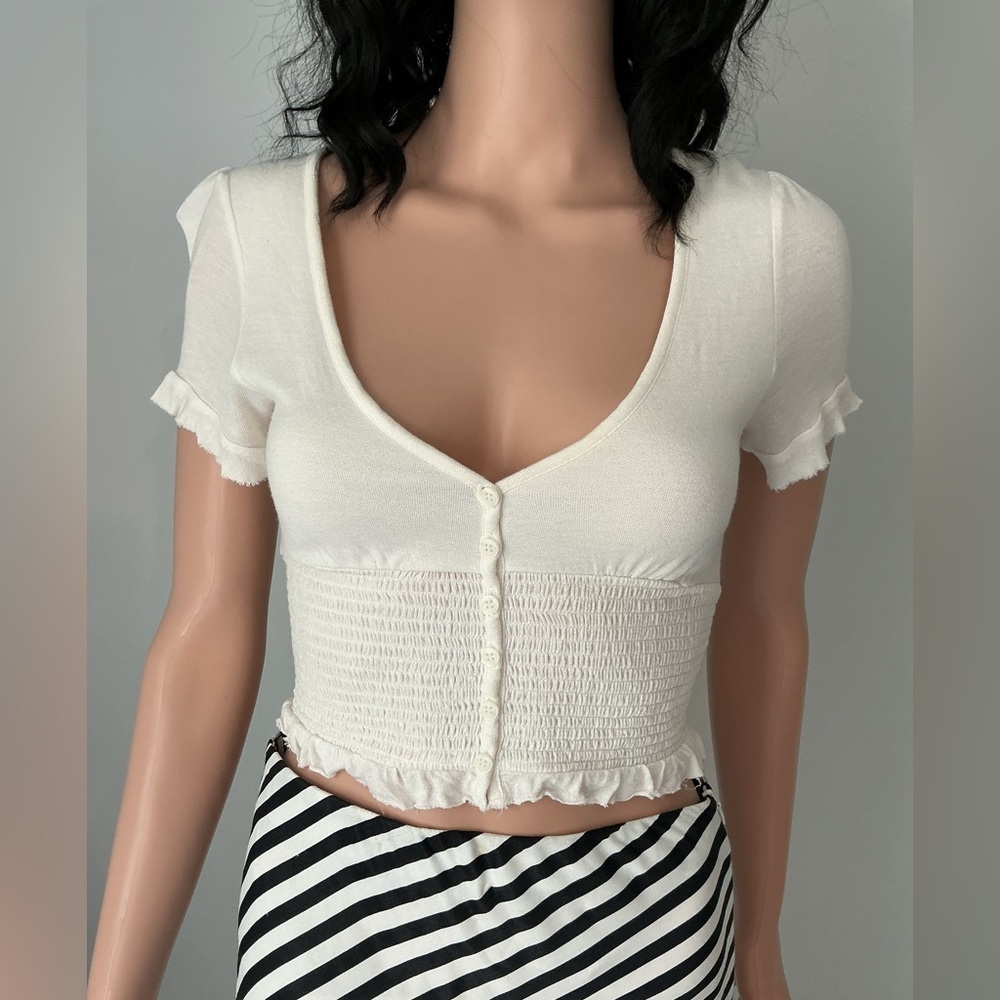 Urban Outfitters Cream Button-Up Smocked Crop Top r